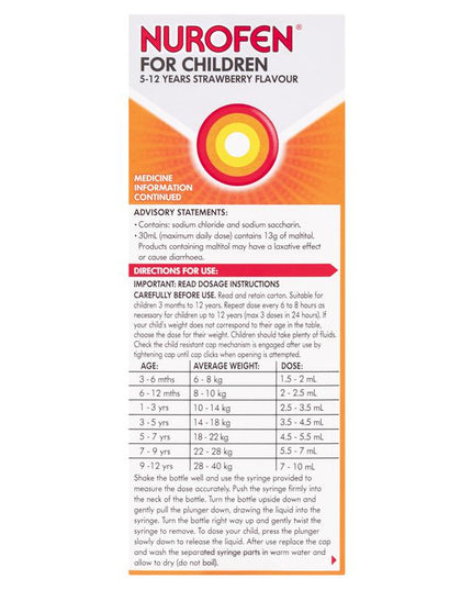 Nurofen For Children 5-12yrs Pain and Fever Relief Concentrated Liquid 200mg/5mL Ibuprofen Strawberry 200mL