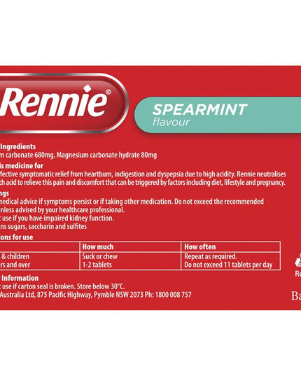 Rennie Indigestion and Heartburn Relief Spearmint 96 Chewable Tablets