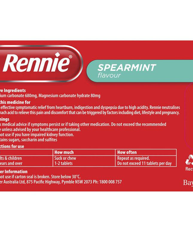 Rennie Indigestion and Heartburn Relief Spearmint 96 Chewable Tablets