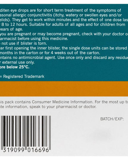 Zaditen 0.025% Eye Drops Unit Dose 0.4ml 20 Single Dose Units