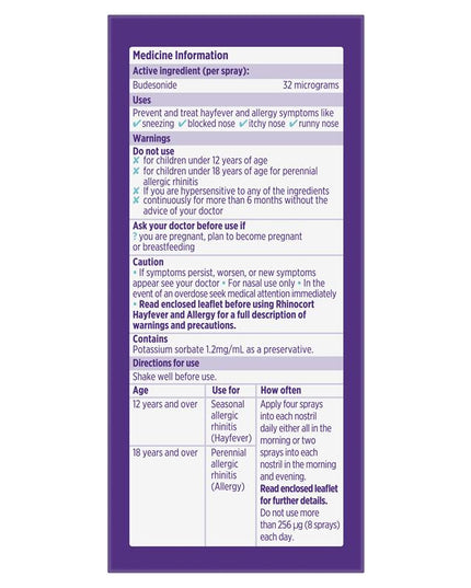 Rhinocort Original Hayfever & Allergy Nasal Spray 120 Sprays
