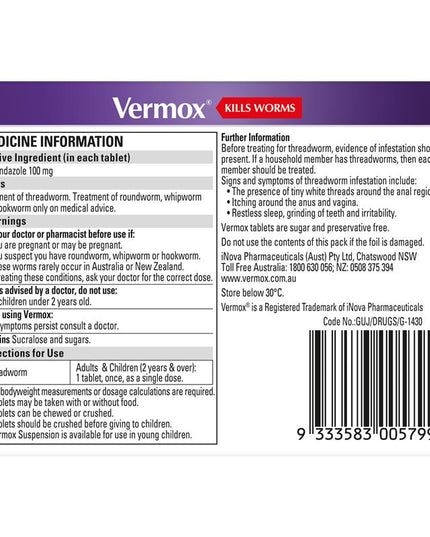 Vermox Worming Treatment Choc Chews 6 Tablets