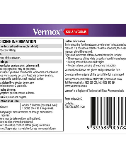 Vermox Worming Treatment Choc Chews 4 Tablets
