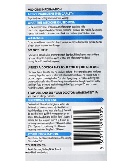 Nurofen Quickzorb Pain Relief Caplets 24 pack Ibuprofen Lysine 342mg