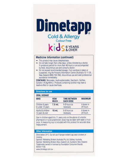 Dimetapp Cold and Allergy Colour Free 200mL