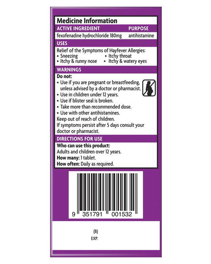 Telfast Hayfever Allergy Relief 180mg Antihistamine Tablets Non-Drowsy - 10 Pack