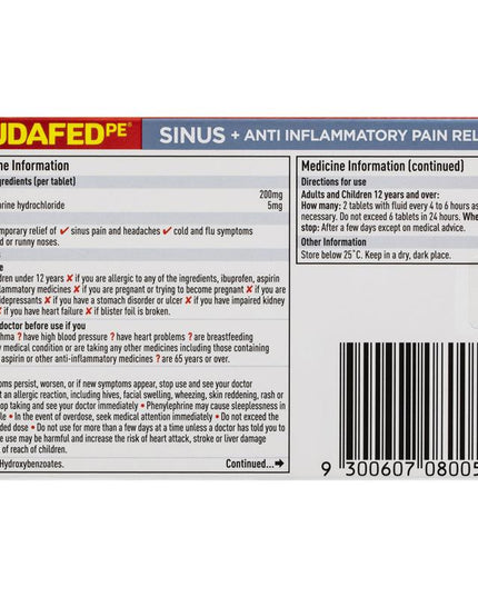 Sudafed PE Sinus + Anti Inflammatory Pain Relief 24 Tablets
