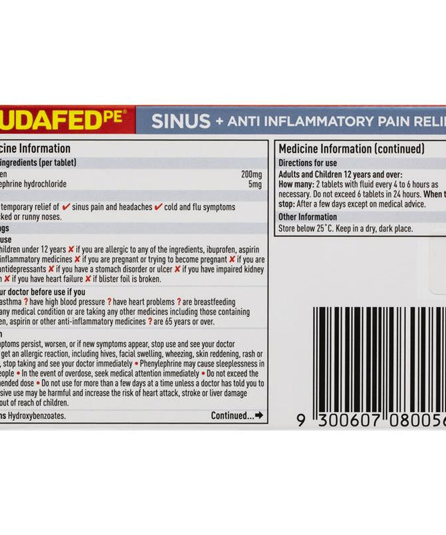 Sudafed PE Sinus + Anti Inflammatory Pain Relief 24 Tablets