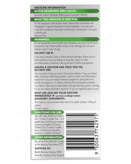 Nurofen Zavance Fast Pain Relief Caplets 256mg Ibuprofen 24 Pack