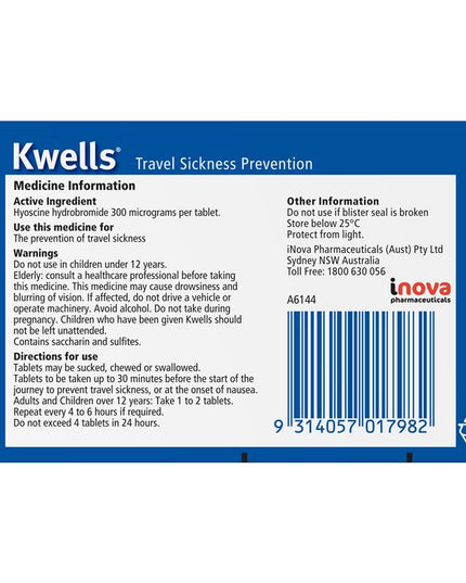 Kwells Travel Sickness 12 Chewable Tablets