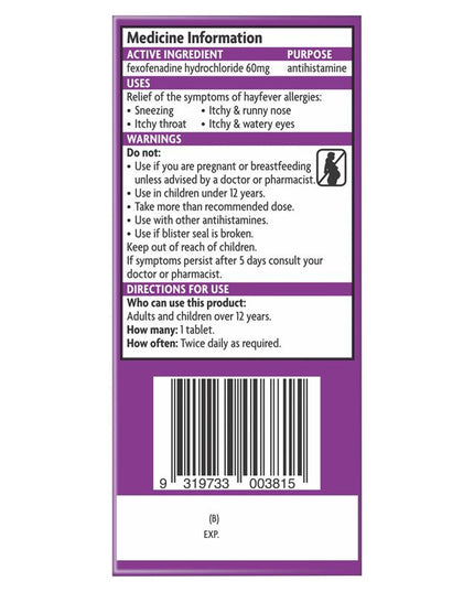 Telfast 60mg 20 Tablets