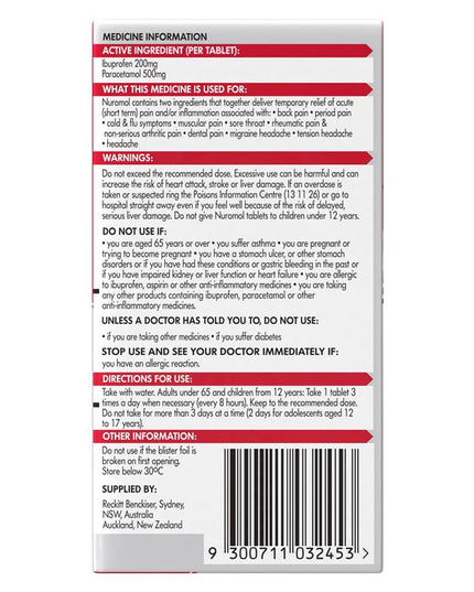 Nuromol Strong Pain Relief Tablets 12 pack Ibuprofen 200mg Paracetamol 500mg
