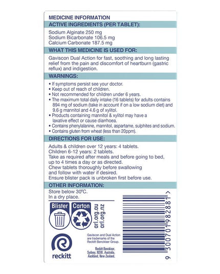 Gaviscon Dual Action Chewable Tablets Peppermint Heartburn & Indigestion Relief 16 Pack