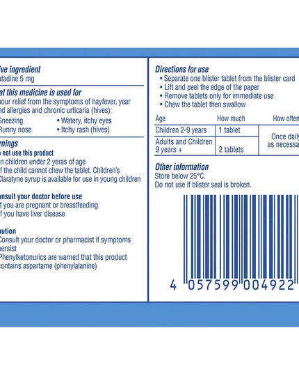 Children's Claratyne Allergy & Hayfever Relief Antihistamine For Kids Grape Flavoured Chewable Tablets 10 pack