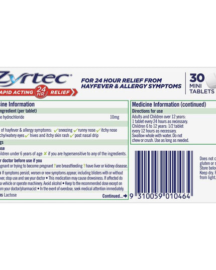 Zyrtec Rapid Acting Antihistamine Allergy & Hayfever Mini Tablets 30 Pack