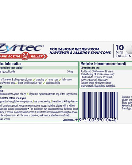 Zyrtec Rapid Acting Allergy Antihistamine & Hayfever Mini Tablets 10 Pack