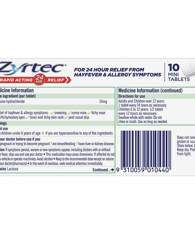 Zyrtec Rapid Acting Allergy Antihistamine & Hayfever Mini Tablets 10 Pack