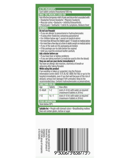 Panadol with Optizorb Paracetamol Pain Relief Tablets 500mg 50