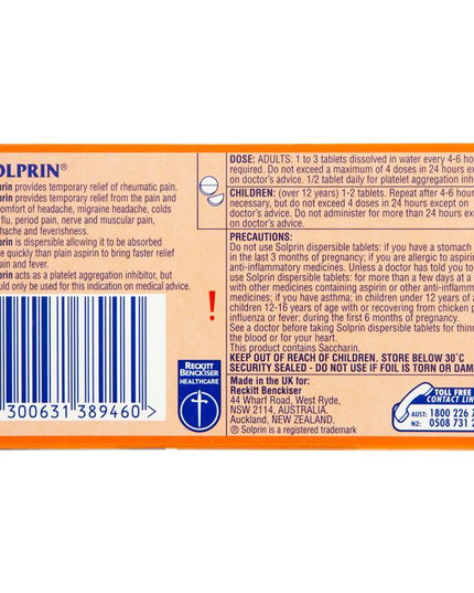 Solprin Pain and Fever Relief Dispersible Tablets 300mg Aspirin 96 Pack