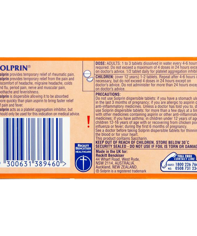 Solprin Pain and Fever Relief Dispersible Tablets 300mg Aspirin 96 Pack