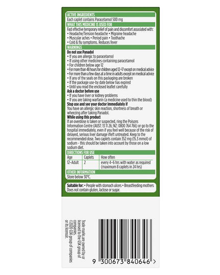 Panadol Rapid Paracetamol Pain Relief Caplets 500mg 40