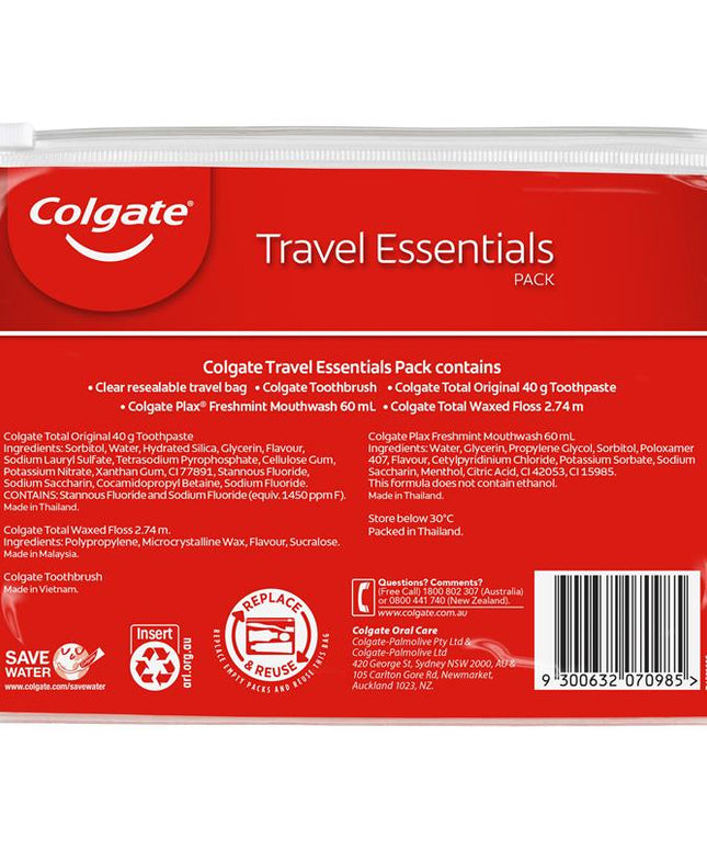 Colgate Travel Essentials Toothbrush, Toothpaste, Mouthwash, Floss & travel bag Pack