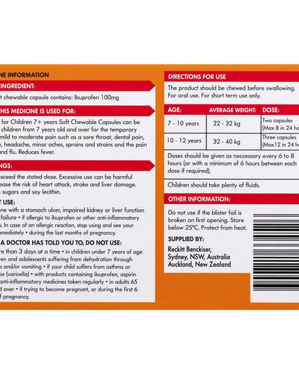 Nurofen For Children 7+ Pain and Fever Relief Chewable Capsules 100mg Ibuprofen Orange 24 pack