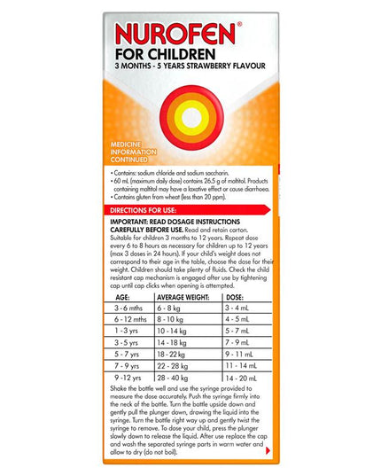 Nurofen For Children 3 months - 5 years Pain and Fever Relief 100mg/5mL Ibuprofen Strawberry 200mL
