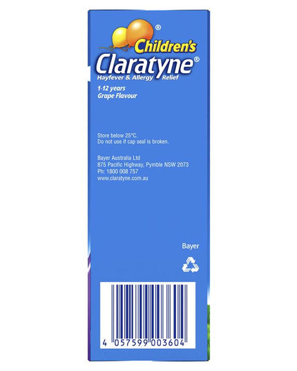Children's Claratyne Allergy & Hayfever Relief Syrup For Kids Grape Flavour 120mL