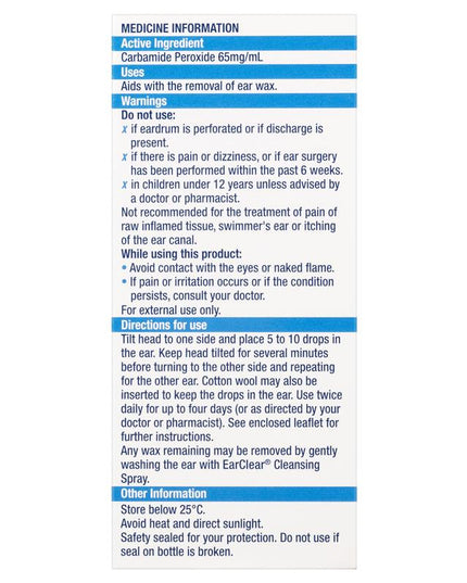 EarClear Ear Wax Remover Drops 12mL – Aids Easy Removal of Ear Wax