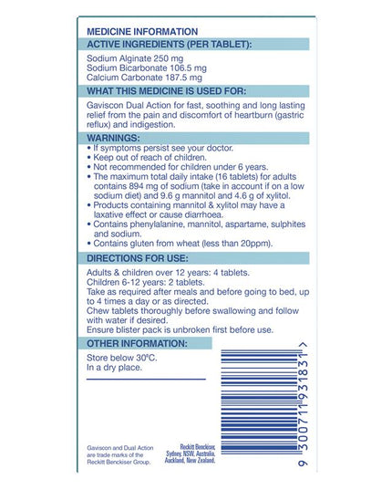 Gaviscon Dual Action Chewable Tablets Peppermint Heartburn & Indigestion Relief 32 Pack