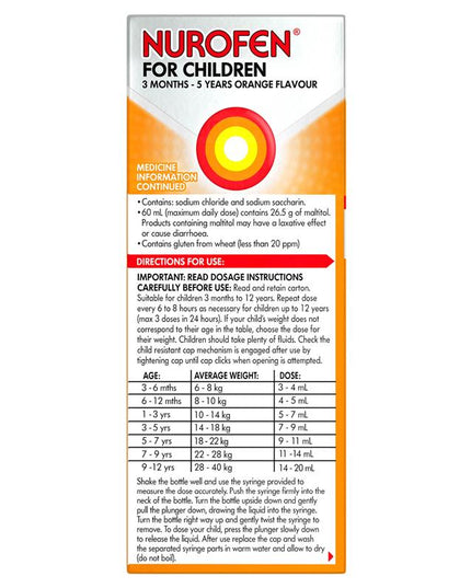 Nurofen For Children 3 months - 5 years Pain and Fever Relief 100mg/5mL Ibuprofen Orange 200mL