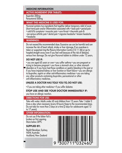Nuromol Strong Pain Relief 200mg/500mg Tablets 24 - Ibuprofen + Paracetamol (S3)