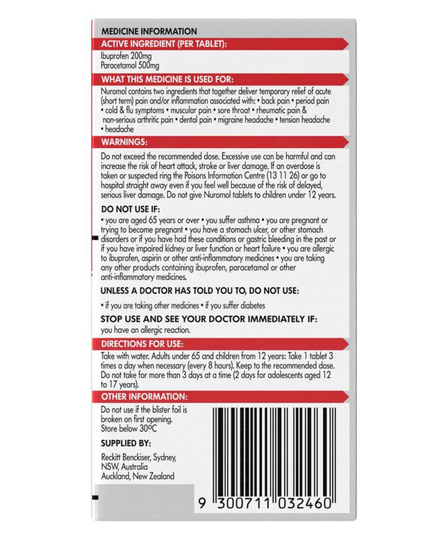 Nuromol Strong Pain Relief 200mg/500mg Tablets 24 - Ibuprofen + Paracetamol (S3)