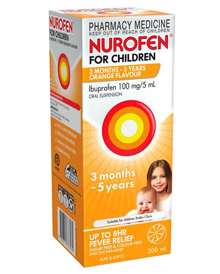 Nurofen For Children 3 months - 5 years Pain and Fever Relief 100mg/5mL Ibuprofen Orange 200mL