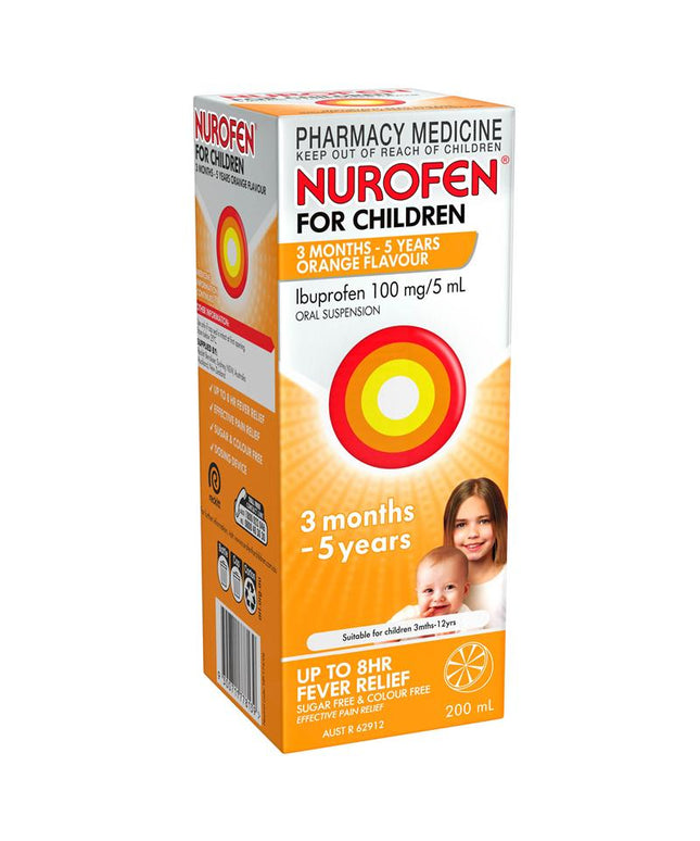 Nurofen For Children 3 months - 5 years Pain and Fever Relief 100mg/5mL Ibuprofen Orange 200mL