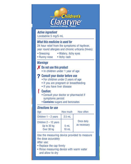 Children's Claratyne Allergy & Hayfever Relief Syrup For Kids Peach Flavour 60mL