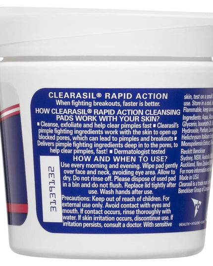 Clearasil Ultra Rapid Action Pimple Face Cleansing Pads 65 Pack
