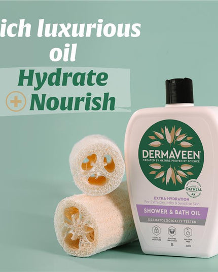DermaVeen Extra Hydration Shower & Bath Oil for Extra Dry, Itchy & Sensitive Skin 1L