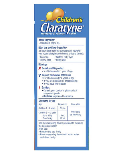 Children's Claratyne Allergy & Hayfever Relief Syrup For Kids Peach Flavour 150mL