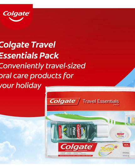 Colgate Travel Essentials Toothbrush, Toothpaste, Mouthwash, Floss & travel bag Pack