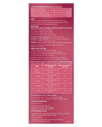 Hydralyte Electrolyte Ice Blocks Strawberry Kiwi 16
