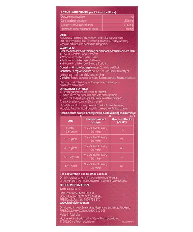 Hydralyte Electrolyte Ice Blocks Strawberry Kiwi 16
