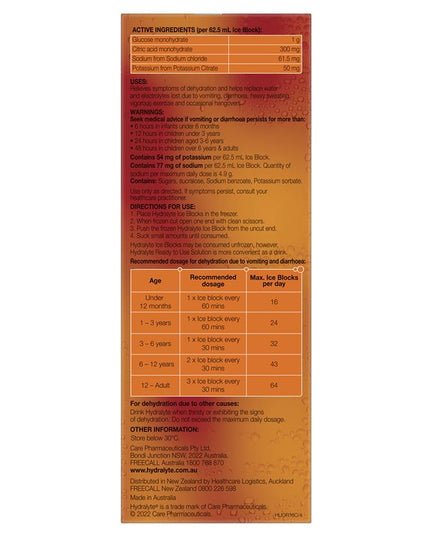 Hydralyte Rehydration Orange Flavoured Ice Blocks 16 Pack