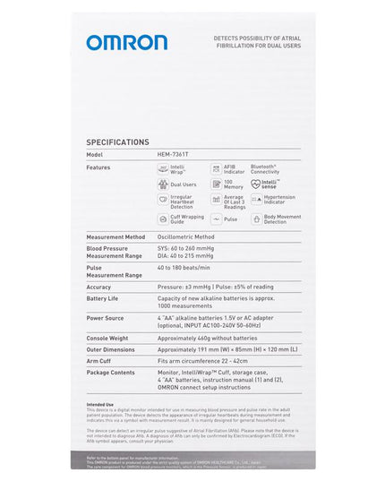 Omron HEM7361T Blood Pressure + AFIB Monitor Bluetooth