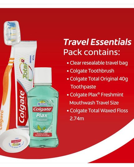 Colgate Travel Essentials Toothbrush, Toothpaste, Mouthwash, Floss & travel bag Pack
