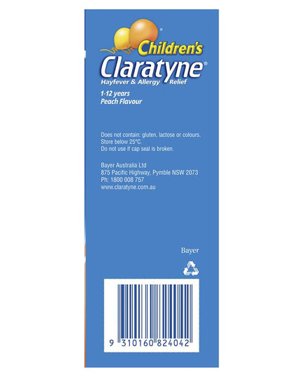 Children's Claratyne Allergy & Hayfever Relief Syrup For Kids Peach Flavour 150mL