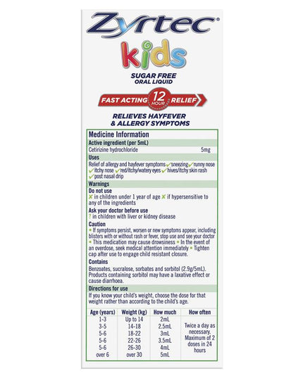 Zyrtec Kids Antihistamine Allergy & Hayfever Oral Liquid Grape 120mL