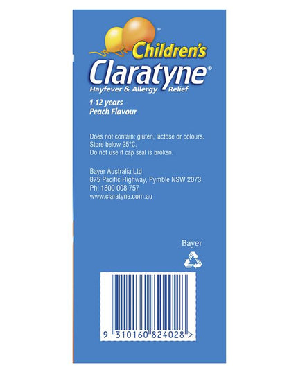 Children's Claratyne Allergy & Hayfever Relief Syrup For Kids Peach Flavour 60mL