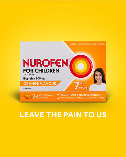Nurofen For Children 7+ Pain and Fever Relief Chewable Capsules 100mg Ibuprofen Orange 24 pack